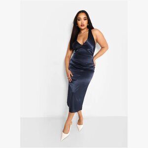 Rebdolls 2X FREYA SATIN HALTER CRISS CROSS BACK MIDI SHIFT DRESS - INDIGO